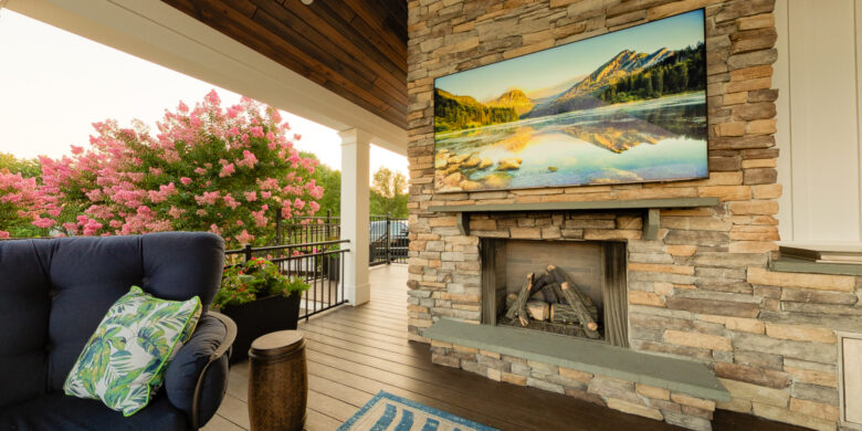 Patio with Fireplace and TV After Outdoor Patio Installation in Eldersburg, Clarksville, Ellicott City, Olney, West Friendship, Mt. Airy
